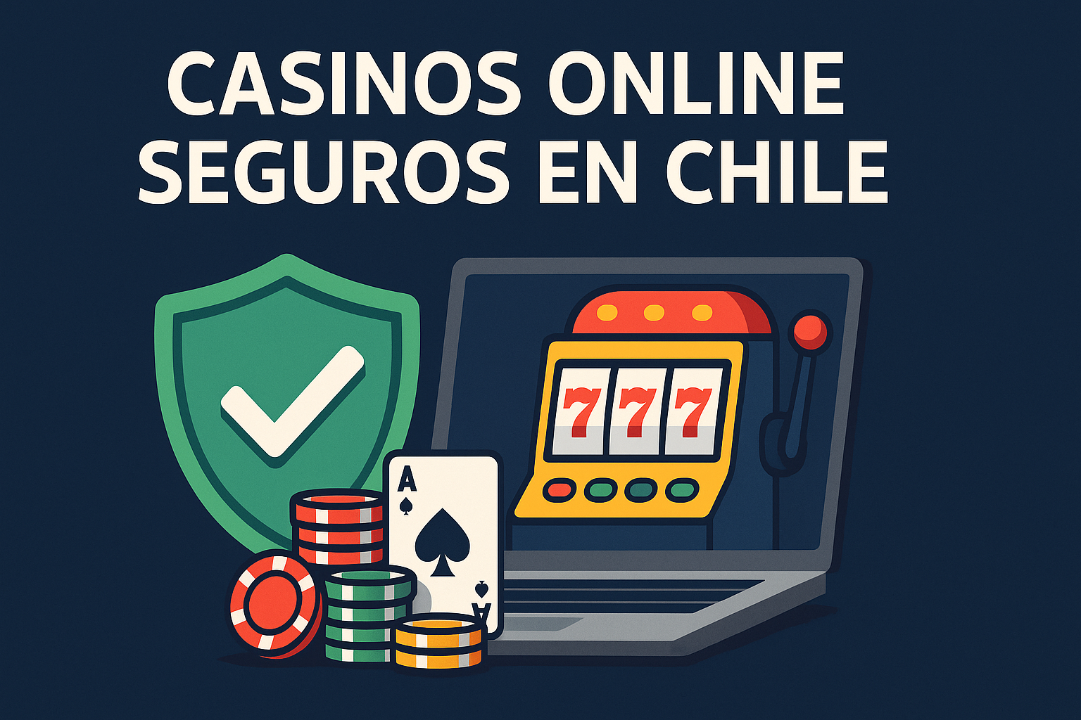 “Casinos Online Seguros en Chile” sobre fondo azul oscuro. Incluye un escudo verde con check de seguridad, una laptop con tragamonedas de triple 7, fichas de casino y una carta de as de espadas, representando plataformas legales, confiables y protegidas para jugadores chilenos.