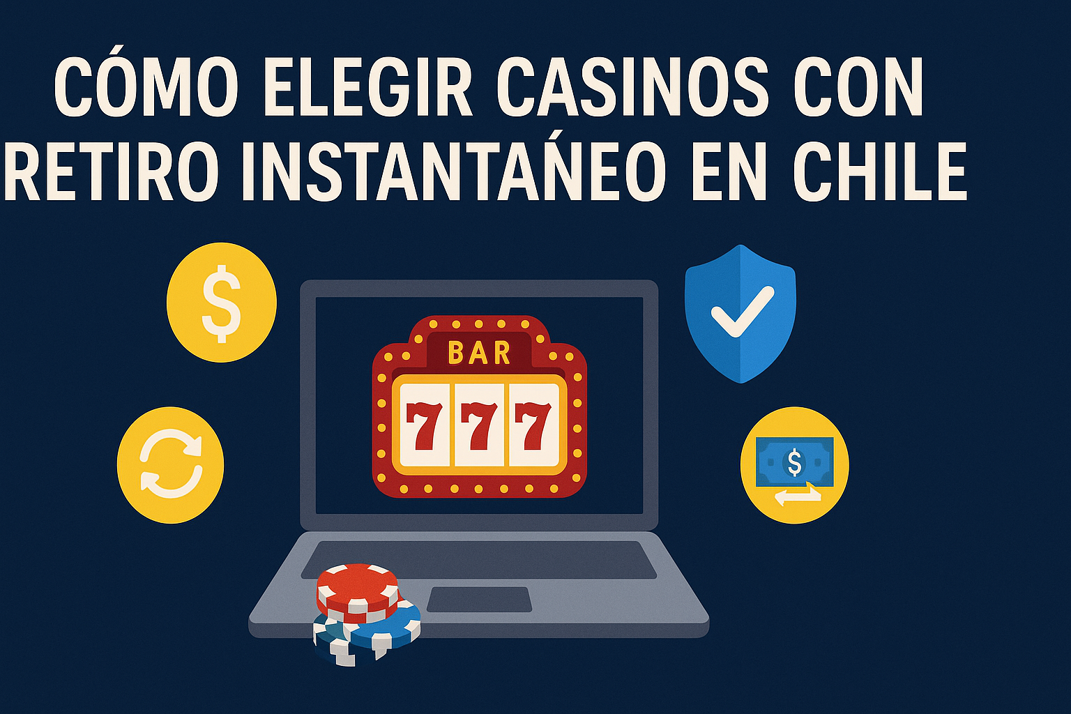 “Cómo Elegir Casinos con Retiro Instantáneo en Chile” sobre fondo azul oscuro. Incluye una laptop con tragamonedas de triple 7, fichas de casino, íconos de dólar, verificación y símbolo de retiro rápido, representando pagos inmediatos, seguridad y facilidad de retiro en casinos online chilenos.
