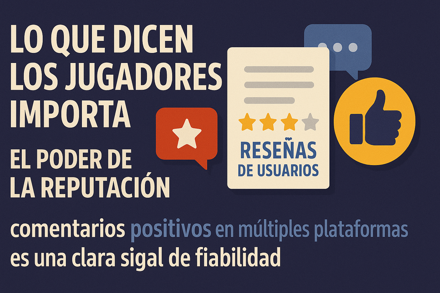 la importancia de la reputación en los casinos en línea, con texto en español “Lo que dicen los jugadores importa: el poder de la reputación”. Se incluyen íconos de reseñas de usuarios, estrellas de calificación, comentarios y pulgar arriba, representando la relevancia de opiniones reales para evaluar la fiabilidad de un casino.