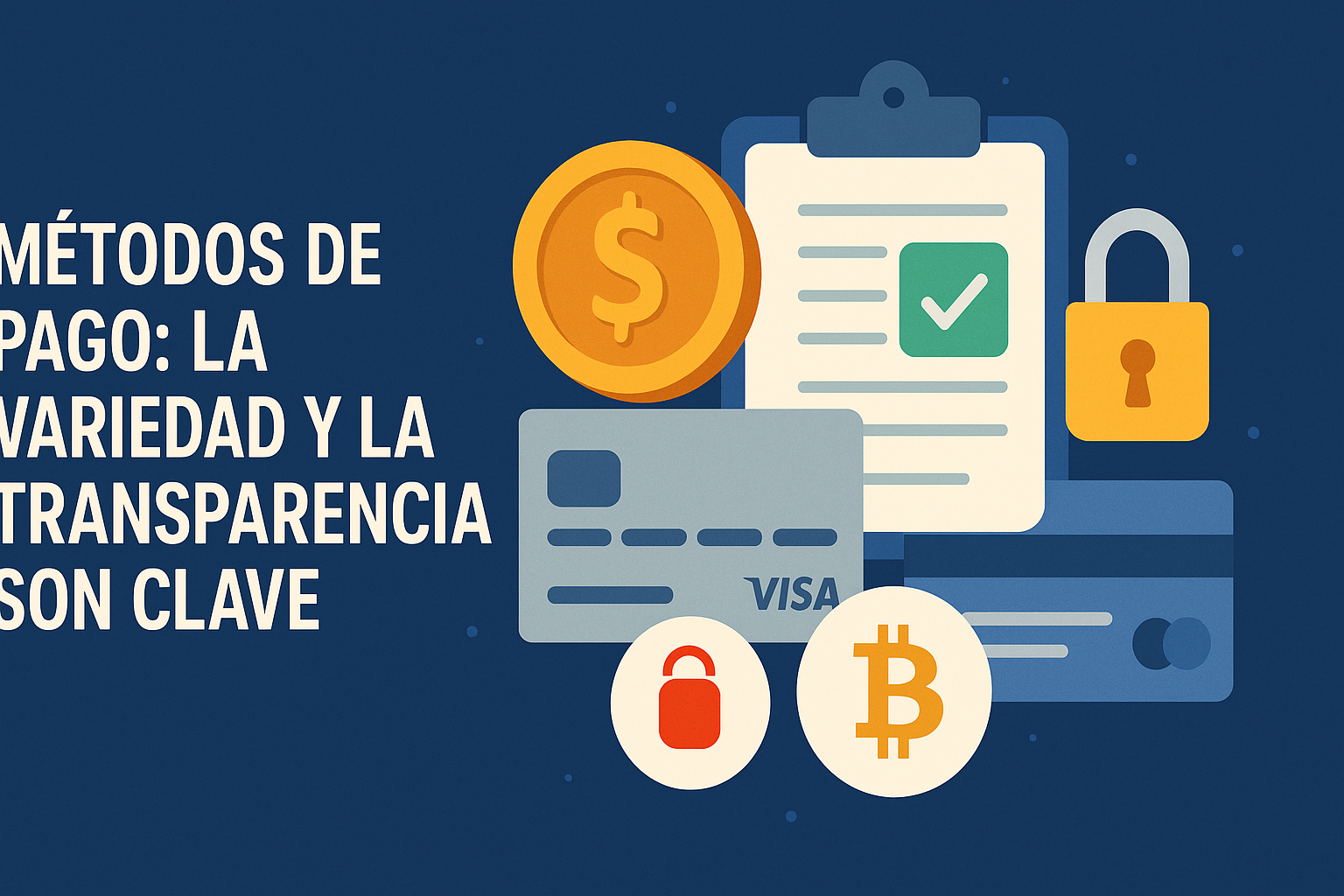 “Métodos de pago: la variedad y la transparencia son clave”. Acompañan el diseño íconos de tarjeta de crédito, criptomoneda Bitcoin, candado de seguridad, moneda y formulario verificado, representando opciones de pago seguras y protección de datos en casinos en línea.