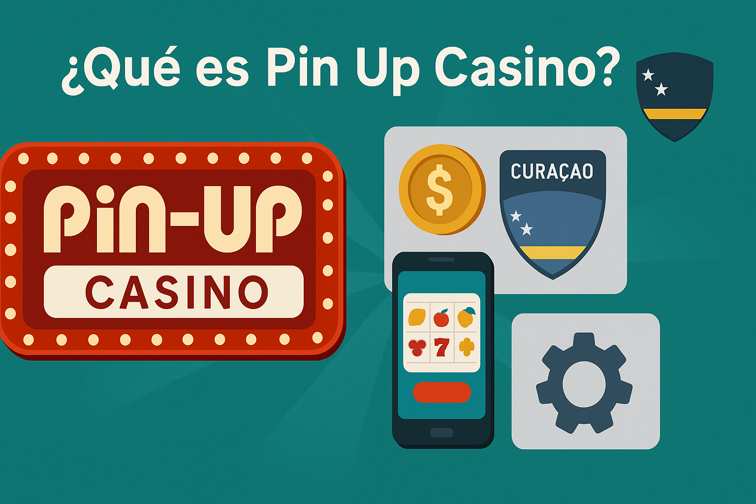 “¿Qué es Pin Up Casino?” en un fondo verde. Incluye un logo estilo marquesina de Pin Up Casino, un ícono de moneda, una insignia de licencia de Curazao, una rueda dentada que representa configuración y un smartphone con una tragamonedas, simbolizando los métodos de pago regionales, compatibilidad móvil y licencia del operador.